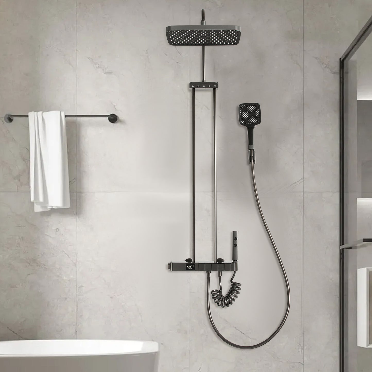 Modern Wall-Mounted Bath Tap with Hand Shower - 5-in-1 Shower System, Brass & Stainless Steel Construction, Black Finish, Corrosion Resistant for Contemporary Bathrooms, Bathroom Upgrade, Sleek Bathroom Style, Durable Bathroo