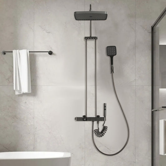 Modern Wall-Mounted Bath Tap with Hand Shower - 5-in-1 Shower System, Brass & Stainless Steel Construction, Black Finish, Corrosion Resistant for Contemporary Bathrooms, Bathroom Upgrade, Sleek Bathroom Style, Durable Bathroo