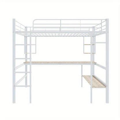 Hoogslaper 140x200 – Stalen Bedframe – Metaalbed – Kinderbed – Tienerbed – Wit Frame – Ingebouwd Bureau & Grote Boekenkast – 4 Kleine Plankjes