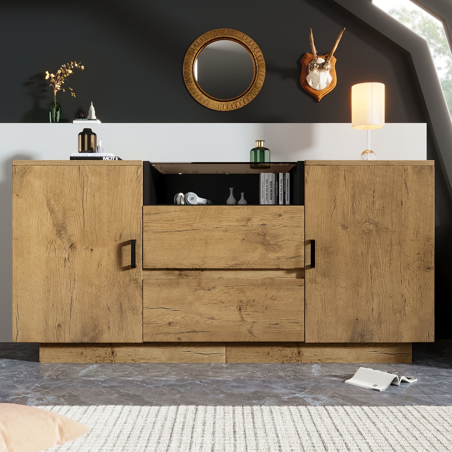 Bamboekast – Opbergkast – Boekenkast – Vitrinekast – Dressoir – Vrijstaand – Marmer-Effect Bovenblad – Robotstofzuigervriendelijk