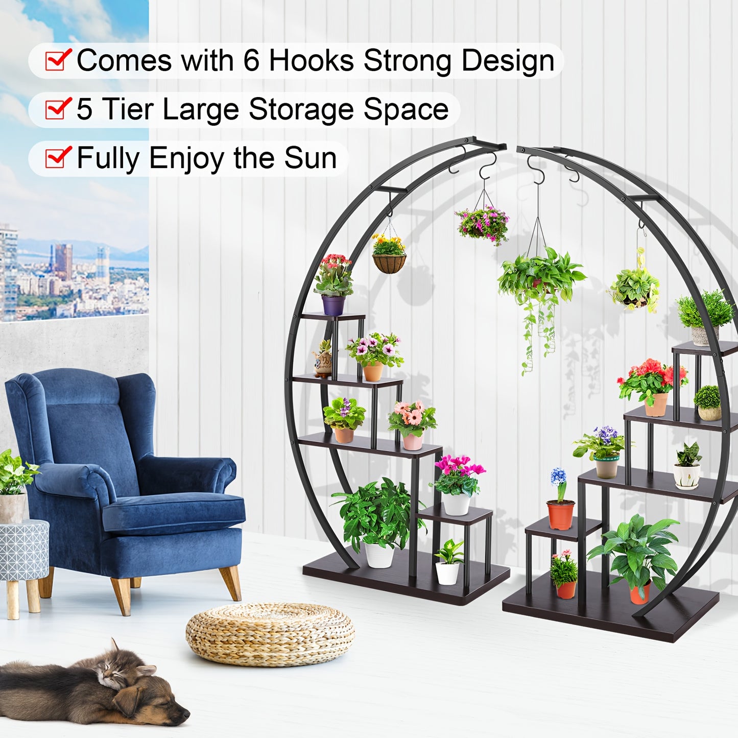 Plantenstandaard – Plantenrek – Bloemenrek – Plantenhouder – Bloemenhouder – 5 Laags Metalen Halvemaan Design – 4 Haken Voor Extra Gebruik – 60,96x35,56x144,78 cm – Geschikt Voor Binnen & Overdekt Buiten