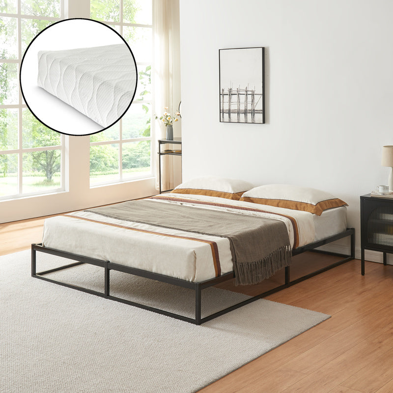 Ledikant – Metalen Bed – Bedframe – Bed Met Matras – Stalen Bed – Zwart – 160x200 cm – Stevig Stalen Frame – Ademend Kaltschuimmatras