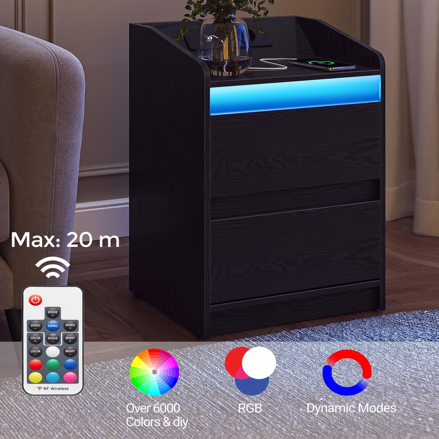 Nachtkastje – Ladekast – Bijzettafel – Opbergkast – Bedkast – Set van 2 – 2 Lades Per Kastje – Inclusief USB Stopcontacten – Zwart Hout – 35x40x58 cm
