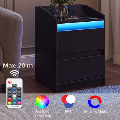 Nachtkastje – Ladekast – Bijzettafel – Opbergkast – Bedkast – Set van 2 – 2 Lades Per Kastje – Inclusief USB Stopcontacten – Zwart Hout – 35x40x58 cm
