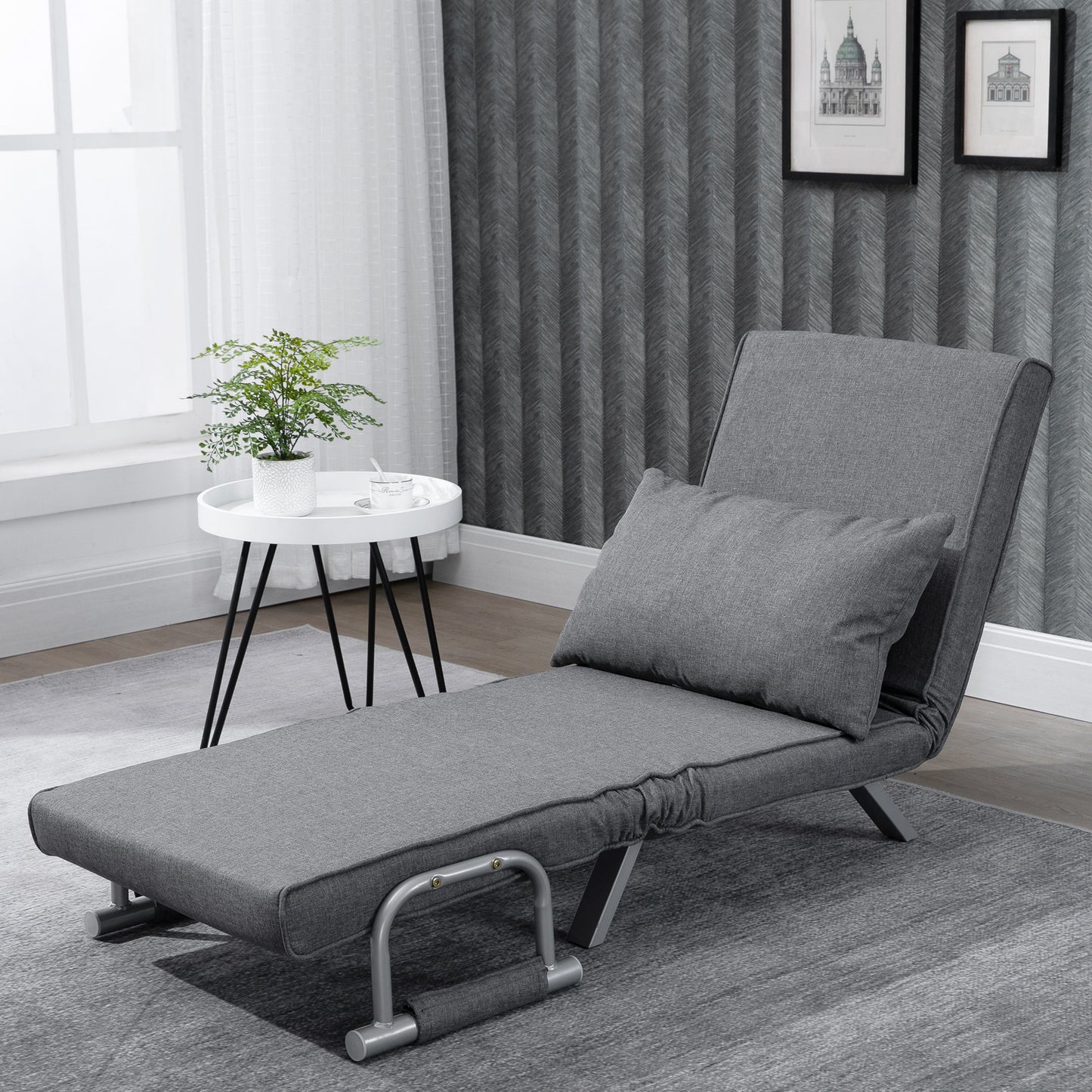 3-in-1 Opklapbare Sofa – Slaapbank – Relaxstoel – Verstelbare Bank – Eenpersoonsbed – Lichtgrijs Linnen – Compact Formaat – Zonder Stroom