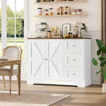 Kealive Modern White & Brown Storage Cabinet with Countertop - Freestanding Kitchen Buffet Sideboard with 3 Drawers & Doors, Heavy-Duty Particleboard Construction, 68.58cm+ Height, 3.2 Cu Ft Capacity, Easy Assembly for Kitche