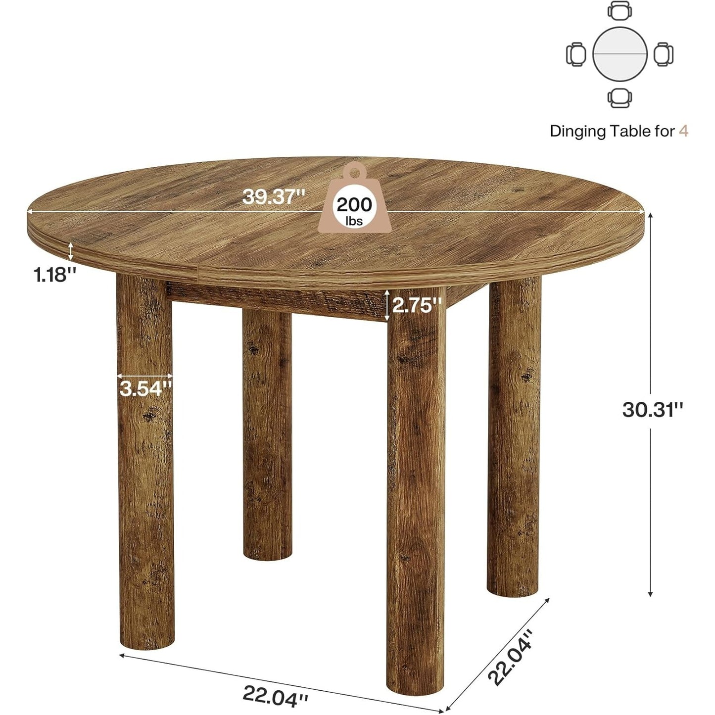 Ronde Eettafel – Eettafel Rond – Keukentafel – Tafel Voor 4 Personen – Landelijke Tafel – 99 cm Diameter – Stevig Geforceerd Hout – Bruine Houtnerfafwerking