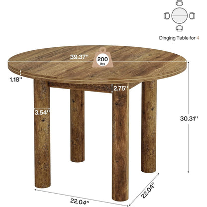 Ronde Eettafel – Eettafel Rond – Keukentafel – Tafel Voor 4 Personen – Landelijke Tafel – 99 cm Diameter – Stevig Geforceerd Hout – Bruine Houtnerfafwerking