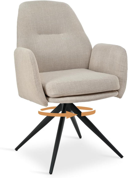 1 Draaibare Eetkamerstoelen 360° van Linnen met Armleuningen, Hoge Rugleuning en Dikke Gevulde Zitting, Beige