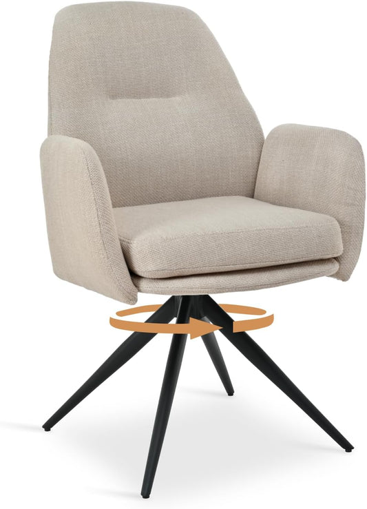 1 Draaibare Eetkamerstoelen 360° van Linnen met Armleuningen, Hoge Rugleuning en Dikke Gevulde Zitting, Beige