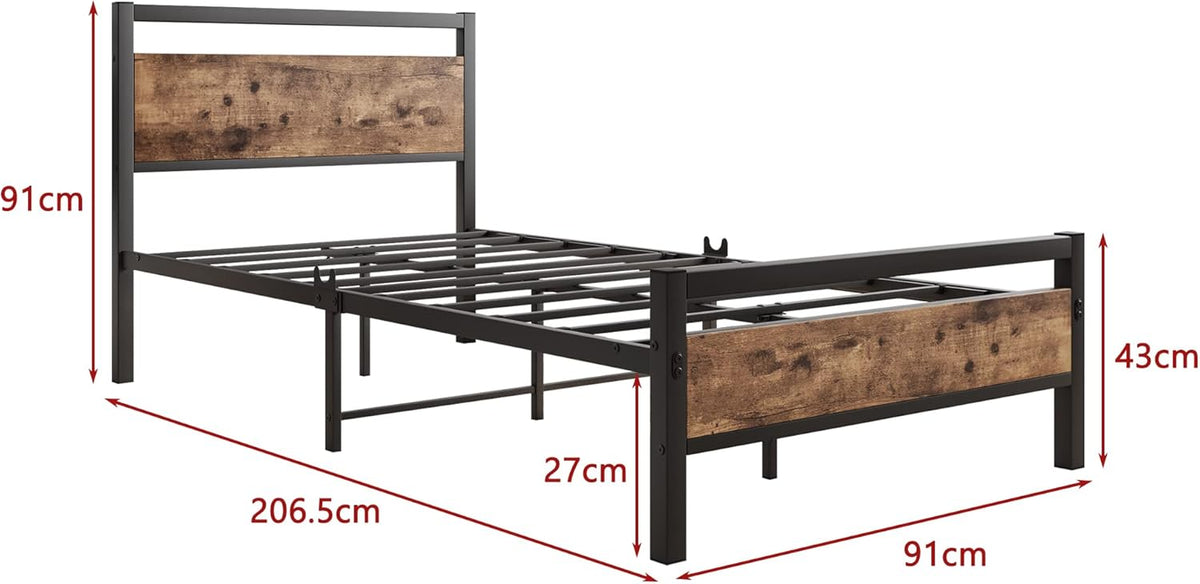 HOJINLINERO Bedframe van metaal en hout, metalen bedframe met lattenbodem, voor volwassenen, kinderen, jongeren, slaapkamer, logeerkamer, eenvoudige montage, bed, 90 x 200 cm, zwart
