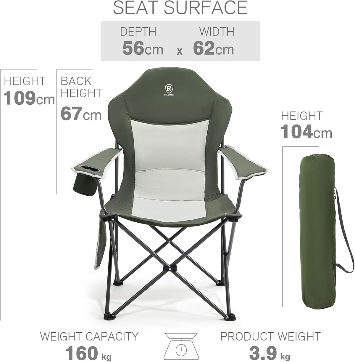 EVER ADVANCED Luxe campingstoel, opvouwbaar, belastbaar tot 160 kg, ultragroot, met hoge rugleuning, comfortabele klapstoel met zijzak en bekerhouder voor camping, tuin, balkon, vissen, tuinstoel