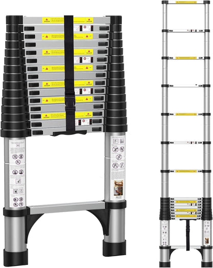 BOWEITI 15,5 ft telescopische ladder, draagbare aluminium verlengladder met stabilisatoren, lichtgewicht, compacte telescopische ladder 330 lb-capaciteit, uitbreidingsladder voor thuis, buiten (15,5