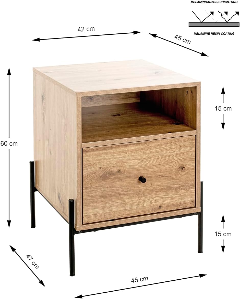 HAKU Console eiken, zwart, MDF, metaal - Maat: B 45 cm x H 60 cm x D 47 cm, Stijl: Modern
