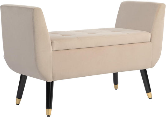 HOMCOM Luxus Sitzbank Polsterbank mit Stauraum Armlehnen Truhenbank Samtartiges Polyester Gummiholz Beige 107 x 42 x 65 cm - QUORE