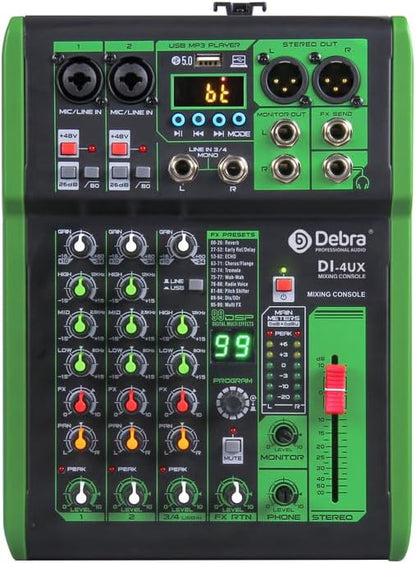 D Debra 4-Kanaals DJ Mixer, 99 DSP Effecten, USB/MP3 Ingang, 48V Fantoomvoeding, Ideaal voor DJ, Karaoke, Studio
