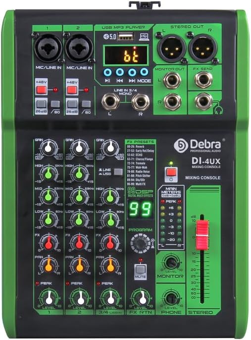D Debra 4-Kanaals DJ Mixer, 99 DSP Effecten, USB/MP3 Ingang, 48V Fantoomvoeding, Ideaal voor DJ, Karaoke, Studio
