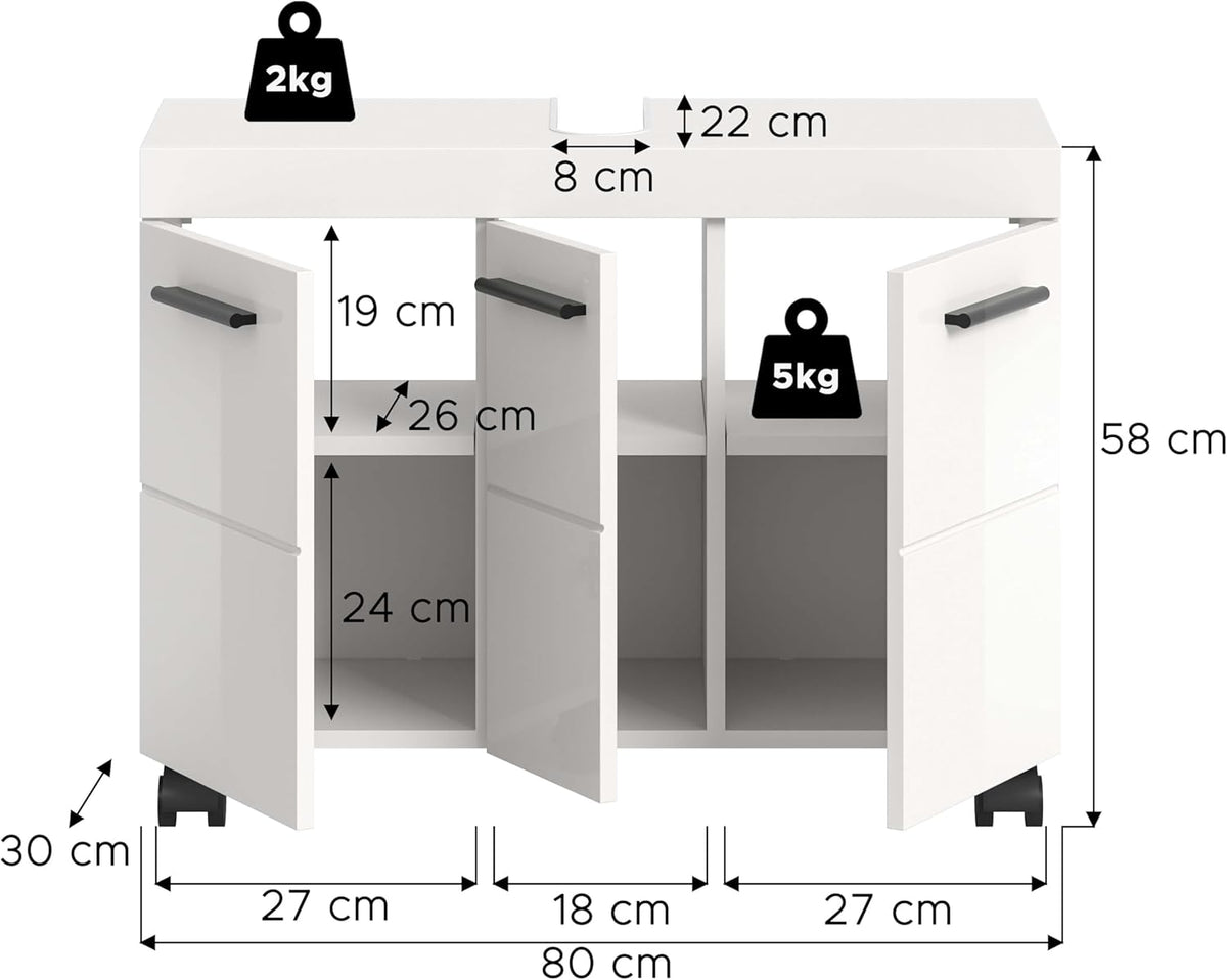 xonox.home – Wastafelonderkast Nova op wielen 80 x 58 x 30 cm in wit hoogglans – grote badkamerkast met 3 deuren, 3 planken en 6 vakken – veel opbergruimte op wielen, stijlvol en bijzonder