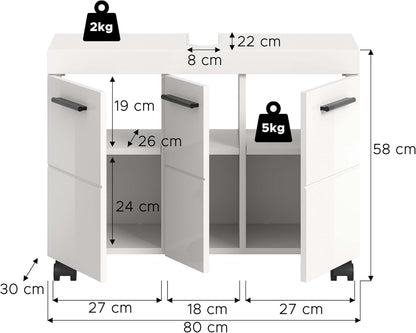 xonox.home – Wastafelonderkast Nova op wielen 80 x 58 x 30 cm in wit hoogglans – grote badkamerkast met 3 deuren, 3 planken en 6 vakken – veel opbergruimte op wielen, stijlvol en bijzonder