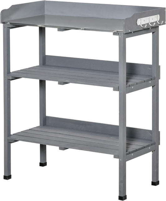Oppottafel - Tuinwerktafel - Plantentafel -Tuinwerkbankje - met Metalen Haken - Schuiflade - 2 Niveaus - Bloementafel - voor Tuin - Sparrenhout -76 x 37 x 89 cm - Grijs