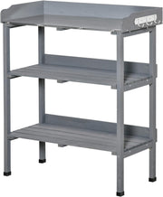 Oppottafel - Tuinwerktafel - Plantentafel -Tuinwerkbankje - met Metalen Haken - Schuiflade - 2 Niveaus - Bloementafel - voor Tuin - Sparrenhout -76 x 37 x 89 cm - Grijs