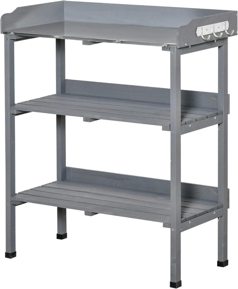 Oppottafel - Tuinwerktafel - Plantentafel -Tuinwerkbankje - met Metalen Haken - Schuiflade - 2 Niveaus - Bloementafel - voor Tuin - Sparrenhout -76 x 37 x 89 cm - Grijs