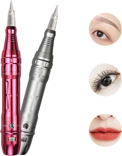 Multifunctionele Draadloze Permanente Make-Up Pen 2 Stuks Batterijen PMU Tattoo Pen voor Ombre Poeder 20 Stuks Tattoo Naalden 1RL (Zilver)