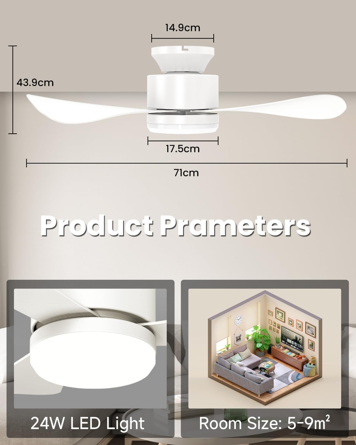 Airwit 71 cm kleine plafondventilator met stil licht, afstandsbediening, omkeerbare gelijkstroommotor, led-lamp voor slaapkamer, woonkamer, keuken