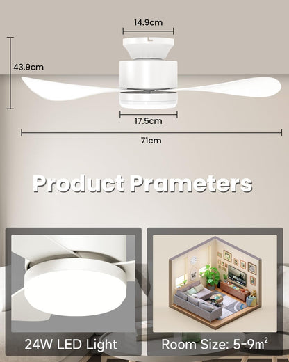 Airwit 71 cm kleine plafondventilator met stil licht, afstandsbediening, omkeerbare gelijkstroommotor, led-lamp voor slaapkamer, woonkamer, keuken