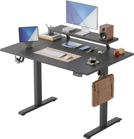 Agilestic Elektrisch in hoogte verstelbaar bureau, 120 x 80 cm, met beweegbare monitorstandaard, sta bureau met 2 geheugentoetsen, 4-delig tafelblad, thuiskantoorbureau, zwart