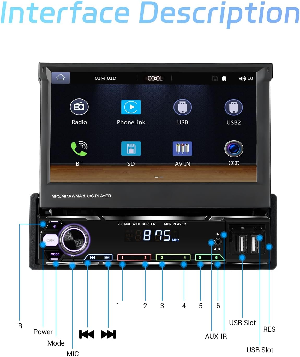 Rimoody Autoradio, 1 Din Wireless Carplay Android Auto met 7 Pollici HD touchscreen, handmatig intrekbare beeldscherm, autoradio met Bluetooth GPS Navi Mirror Link FM/AM/RDS radio TF/USB/AUX
