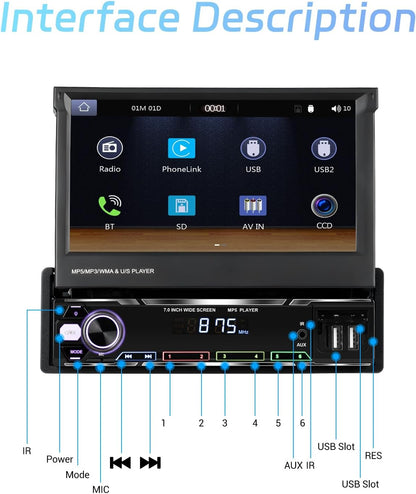 Rimoody Autoradio, 1 Din Wireless Carplay Android Auto met 7 Pollici HD touchscreen, handmatig intrekbare beeldscherm, autoradio met Bluetooth GPS Navi Mirror Link FM/AM/RDS radio TF/USB/AUX