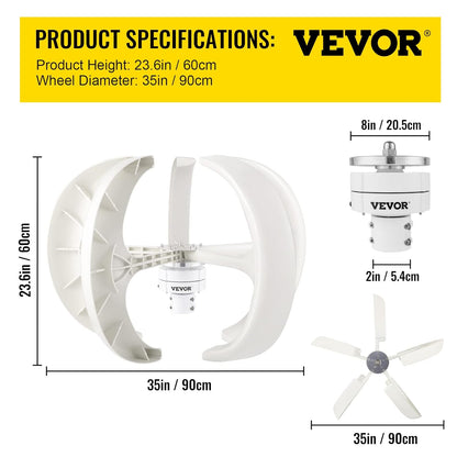 VEVOR Windgenerator, 600 W, 12 V, generator, zonne-turbine, generator, draagbare lantaarn