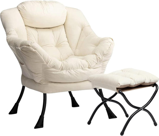 HollyHOME Relax Fauteuil met Voetenbank Woonkamer Stoel Slaapkamer Stoel Lounge Stoel met Armleuningen Leesstoel Accentstoel met Stalen Frame, Beige