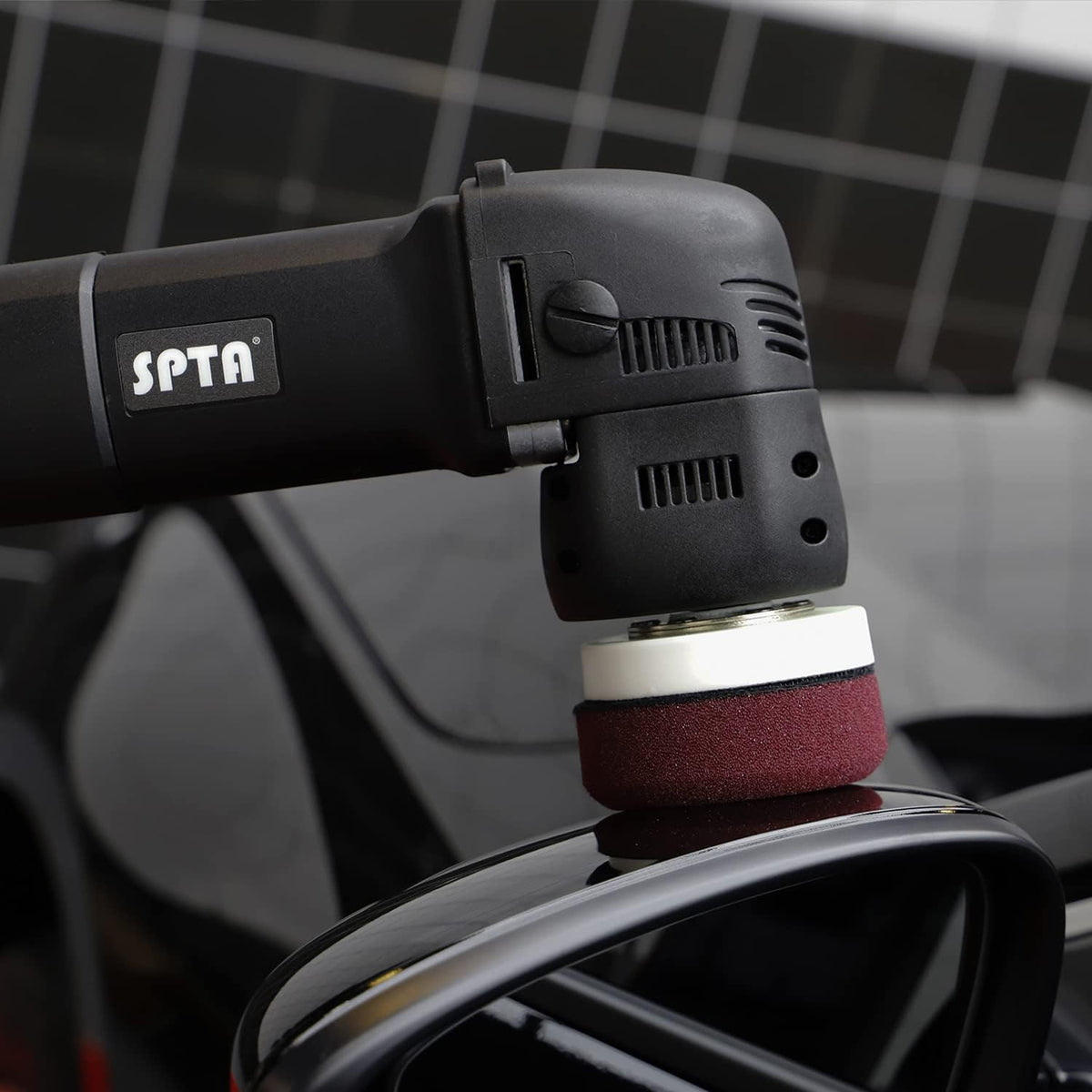 SPTA Polijstmachine, 9 mm, 750 W, excentrisch, snelheid 2500-5500 tpm, 80 mm polijstschijf, polijstspons, polijstpad, zijgreep