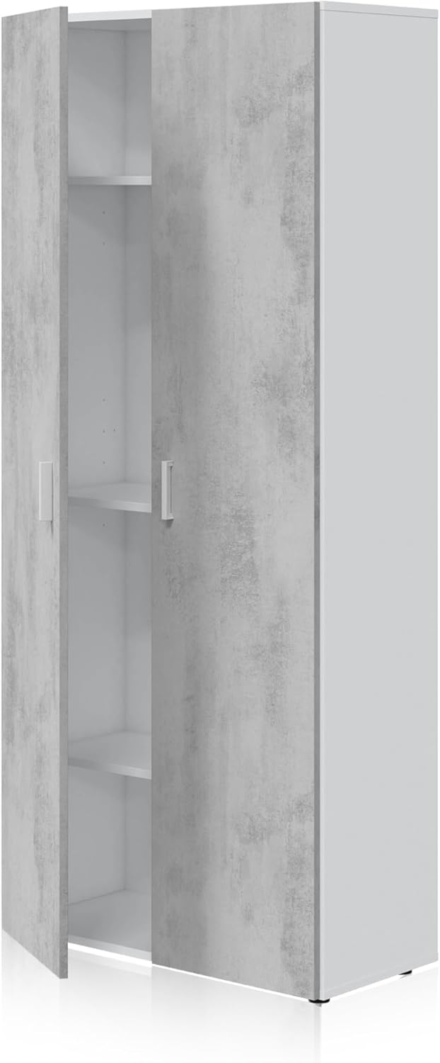 Habitdesign Multifunctionele kast met 2 deuren, afdekkast, wit artik en cement, afmetingen: 80 cm (breedte) x 182 cm (hoogte) x 37 cm (diepte)