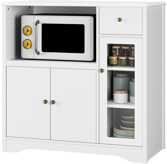 HOCSOK Sideboard, Kitchen Cabinet with Microwave Rack, with Doors and Drawers, Storage Cabinet for Dining Room and Kitchen, 90 x 40 x 82 cm, White - QUORE