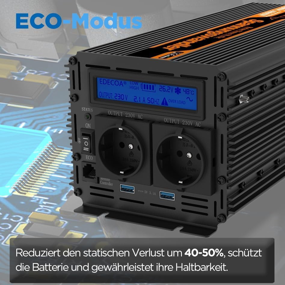EDECOA 1500 W/3000 W 24 V 230 V omvormer zuivere sinus spanningsomvormer 24 V naar 220 V converter met afstandsbediening en 2 USB LCD-scherm met informatie over de omvormer