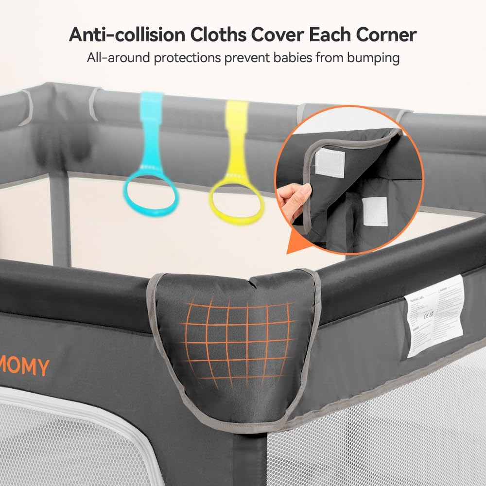 COMOMY Playpen for Babies and Toddlers, 188 x 127 x 66 cm Extra Large, Baby Playpen 4 Pull Rings, Soft and Breathable Net, Activity Centre for Kids, Dark Grey - QUORE