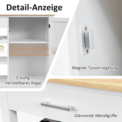 FANTASK Houten keukentrolley op wieltjes, wijnrek & handdoekhouder, keukeneiland met laden, serveerwagen met werkblad, wit