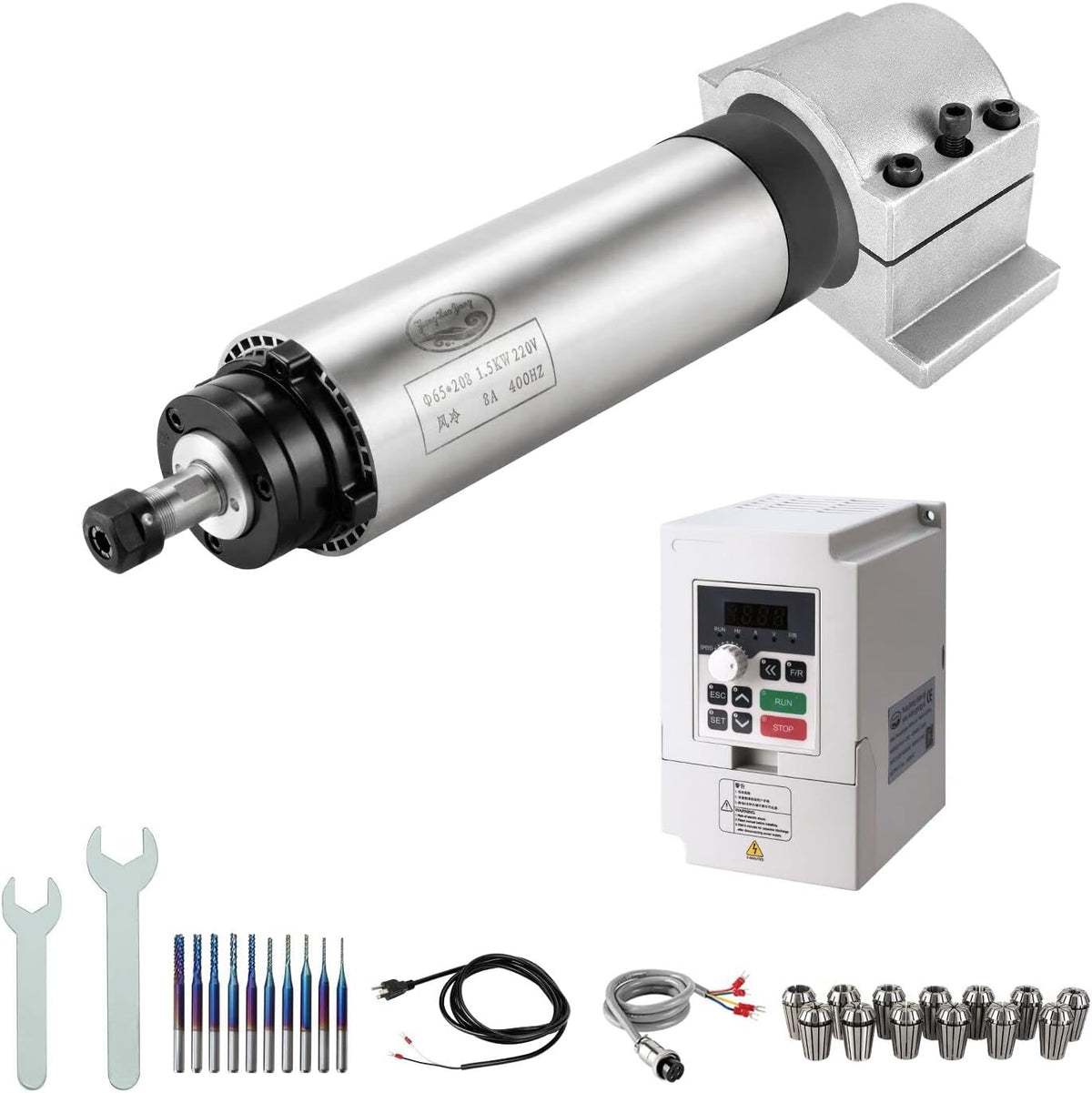 CNC-spindelmotorset, 220 V 1,5 kW, luchtgekoelde CNC-spindelmotor + 220 V 1,5 kW VFD + Φ65 mm CNC-klemhouder + ER11 kraagset + boorbits + sleutel