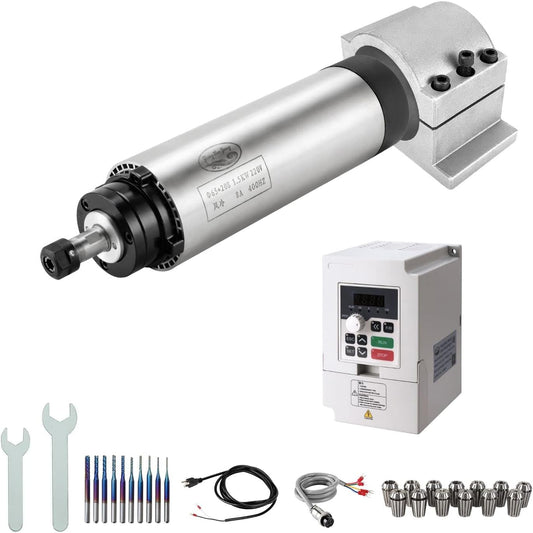CNC-spindelmotorset, 220 V 1,5 kW, luchtgekoelde CNC-spindelmotor + 220 V 1,5 kW VFD + Φ65 mm CNC-klemhouder + ER11 kraagset + boorbits + sleutel