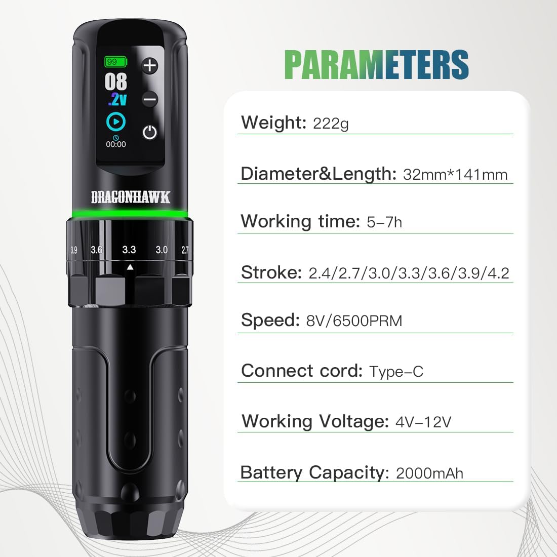 Dragonhawk L3 Tattoo Kit, Wireless Rotary Tattoo Gun Complete Pen Kit, 7 Strokes Length 2pcs Batteries 2000mAh Battery, RCA Connect,Tattoo Needles Cartridges for Beginners (2 BATTERIES)