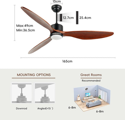 Ovlaim 165 cm Walnoot Houten DC Plafondventilatoren met Lichten Afstandsbediening, 3-bladige Propeller Slimme Plafondventilator voor Slaapkamer Woonkamer Winkel