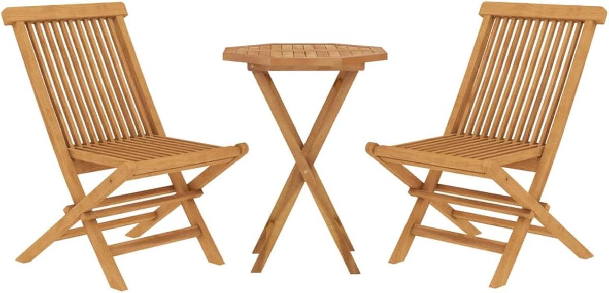 Tidyard Set of 3 for Dining Room, Bistro, Garden, Collapsible Teak Wood, Wooden Table and Garden Chairs, Square Table and 2 Folding Outdoor Chairs, Wooden - QUORE