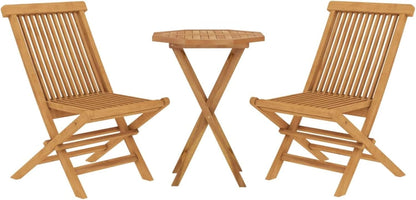Tidyard Set of 3 for Dining Room, Bistro, Garden, Collapsible Teak Wood, Wooden Table and Garden Chairs, Square Table and 2 Folding Outdoor Chairs, Wooden - QUORE