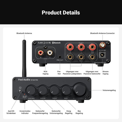Fosi Audio BT30D Pro TPA3255 Hi-Fi Bluetooth 5.0 Stereo Audio Receiver Versterker 2.1 Kanaal Mini Klasse D Geïntegreerde Versterker 165Wx2+350W voor Home Desktop Boekenplank Luidsprekers/Subwoofers