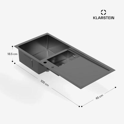 Klarstein - Keukenspoelbak van roestvrij staal, 100 x 45 cm - 1 wastafel met overloop en 2 wastafels - wastafelstop en filter inbegrepen - Robuust en gemakkelijk te reinigen