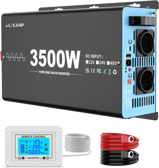 3500 W/7000 W omvormer, 12 V naar 230 V, Pure Sine Wave Voltage Converter voor auto met 2 AC-stopcontacten, type C en USB-poorten, lcd-scherm met afstandsbediening, voor camper, caravan