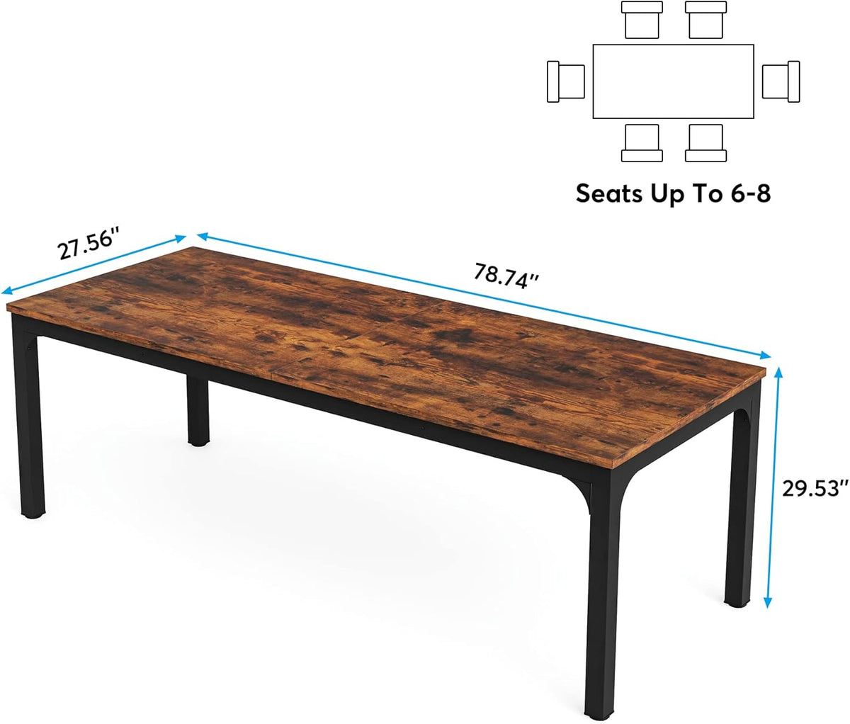 Tribesigns Dining Table for 6 to 8 People, 200 x 70 x 75 cm, Rectangular Kitchen Table with Sturdy Metal Legs for Living and Dining Room, Industrial Design, Rustic Brown